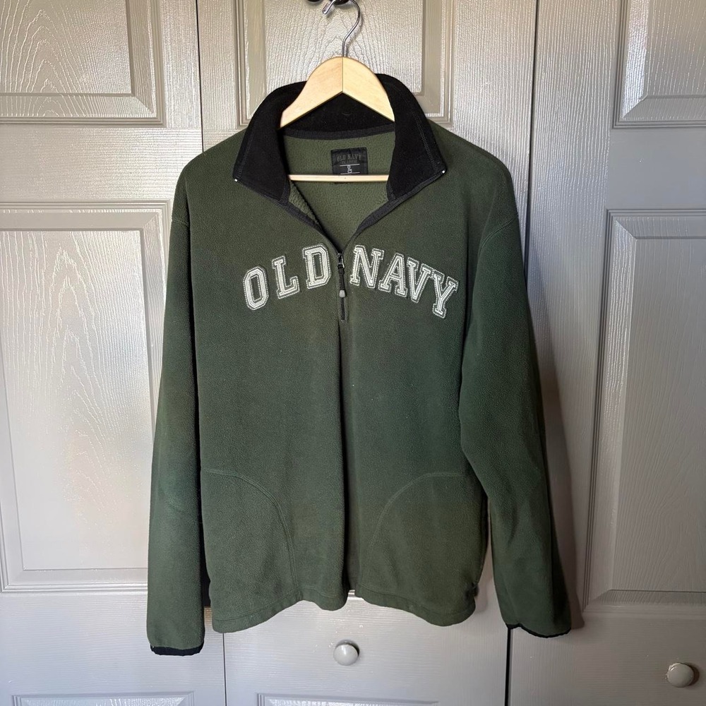 Old Navy Mens Y2K Quarter Zip Fleece Sweatshirt Green Spellout Logo Large
